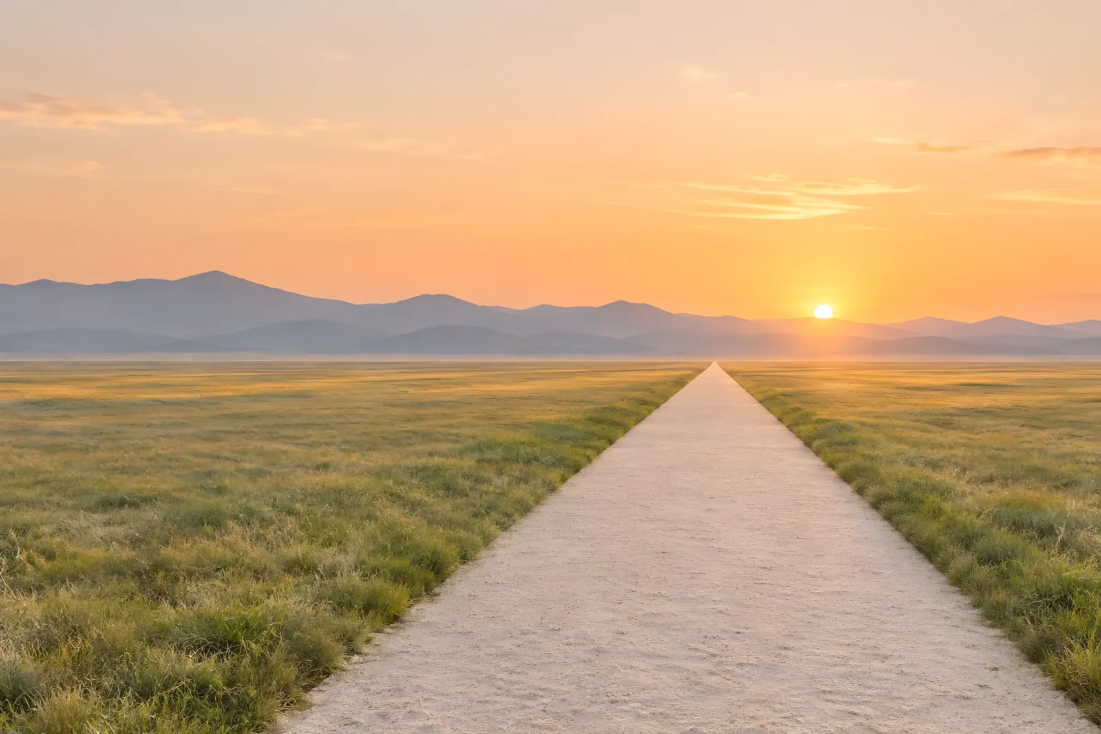 Un chemin droit à travers une prairie, jusqu'au soleil couchant sur l'horizon